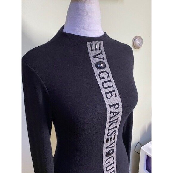 Miss Moi Womens Black Mock Neck Vogue Paris Embellished Rhinestone Tunic Blouse - Picture 3 of 10